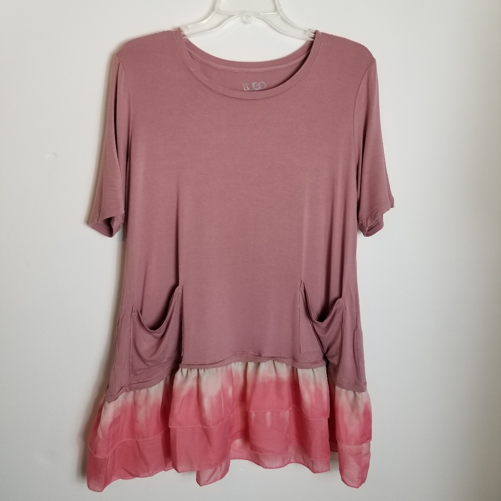 Logo By Lori Goldstein Lagenlook Ruffle Tie Dye Hem Pocketed Short Sleeve Top